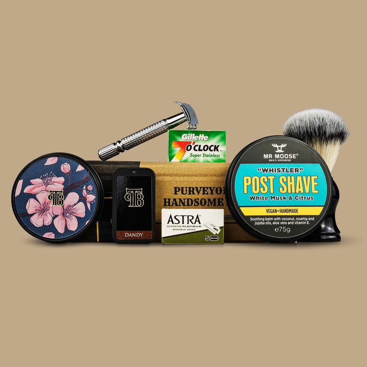 The Personal Barber Feb-March-2024 shaving subscription box selection with classic razor, shaving brush, shaving soap, solid cologne, post shave balm and double-edge razor packs