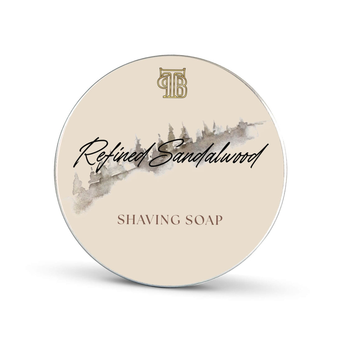 Shaving soap container with 'Refined Sandalwood' text and brand logo on a white background
