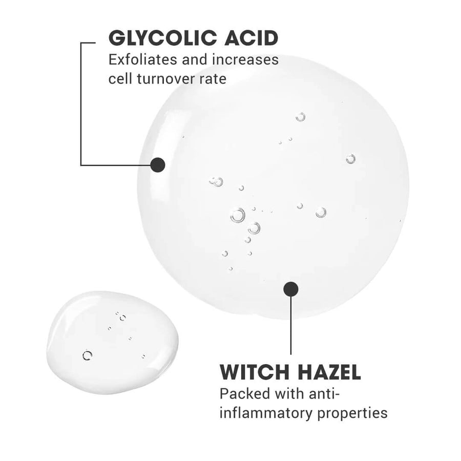 close-up of Face 4ward clarifying toner liquid bubble that says "Glycolic acid: exfoliates and increases cell turnover rate" and "Witch hazel: Packed with anti-inflammatory properties"