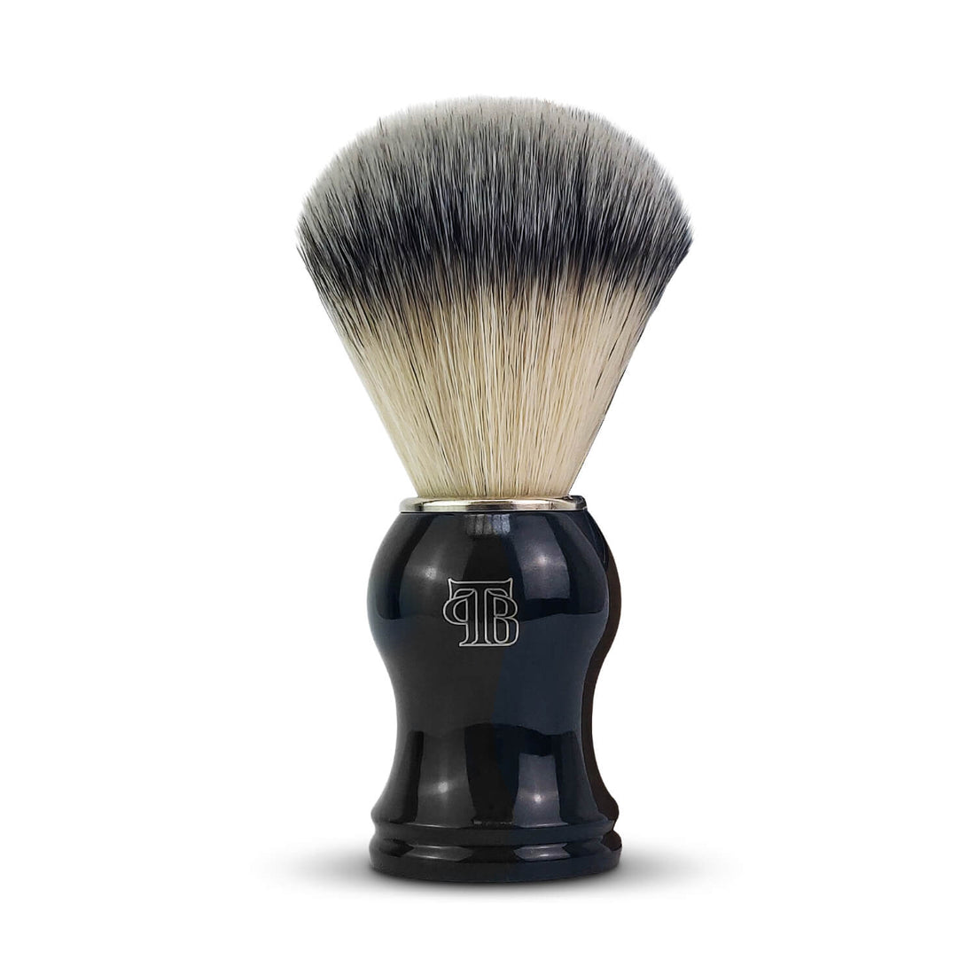 High quality synthetic hair shaving brush with black handle and chrome collar on a white background